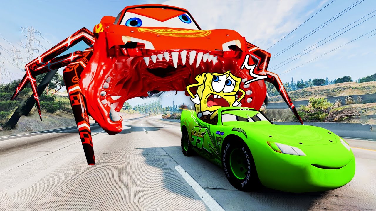 Epic Escape From The Lightning McQueen Head Eater | Car VS McQueen Eater | Spongebob BeamNG.Drive