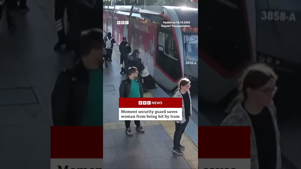 Security guard saves woman from being hit by tram. #Turkey #BBCNews