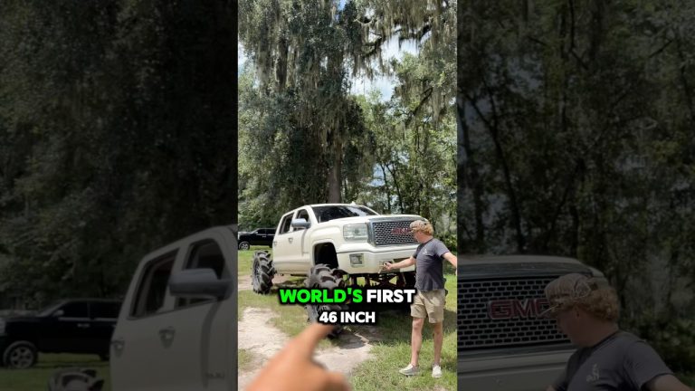 World’s first 46 inch BKT’s on a squated truck. Video live now!! #mfdgarage #squat #truck #fun #gmc
